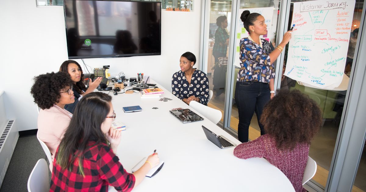 A team in a meeting room tracing the steps of a hand-drawn diagram on a flip chart