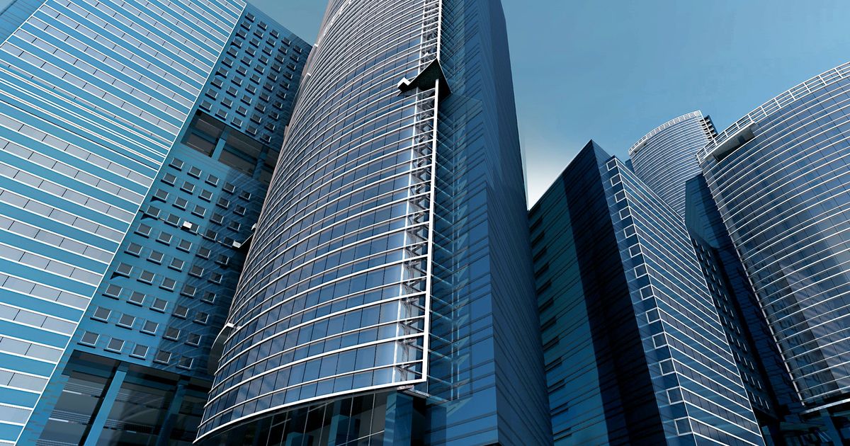 Modern glass office towers in a commercial business district